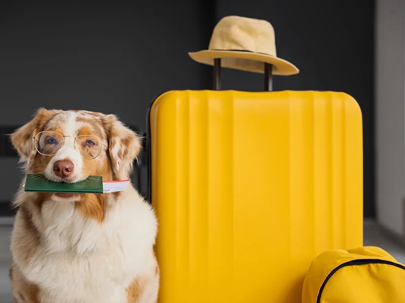 Dog wearing glasses holding a passport in its mouth, sitting next to a yellow suitcase and hat, ready for travel.